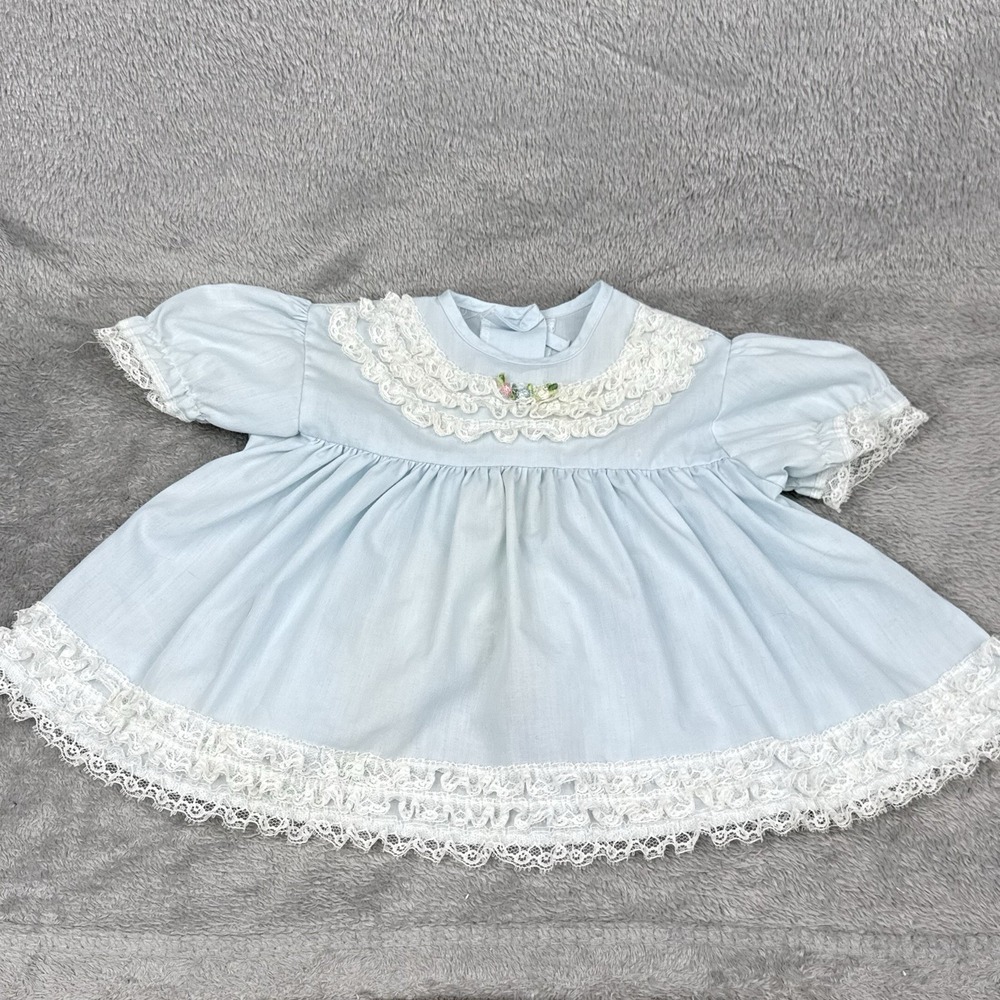 Vintage Blue Lace Dress Baby Girl 6 Months Coquette Frilly Golden Age 70s Easter